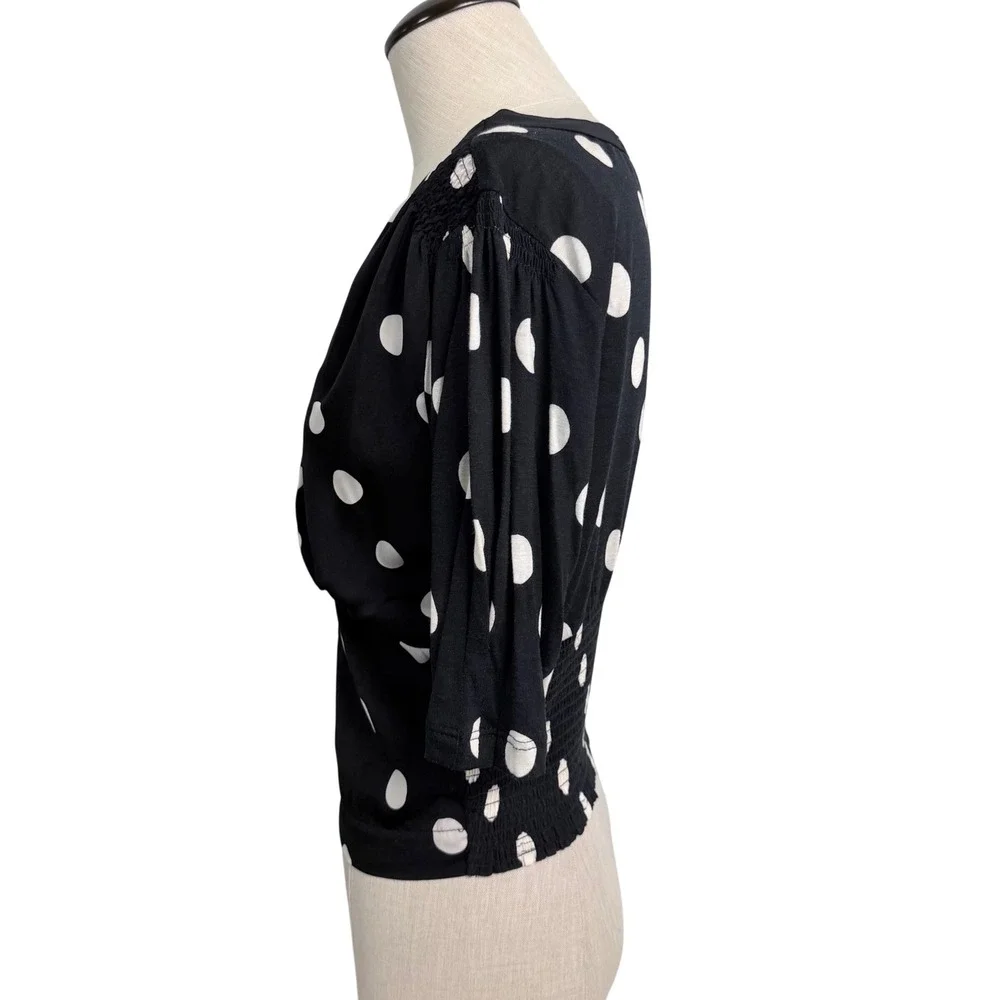 Anthropologie‎ Tiny Polka Dot Smocked Waist V-Neck Blouse Black White Size S